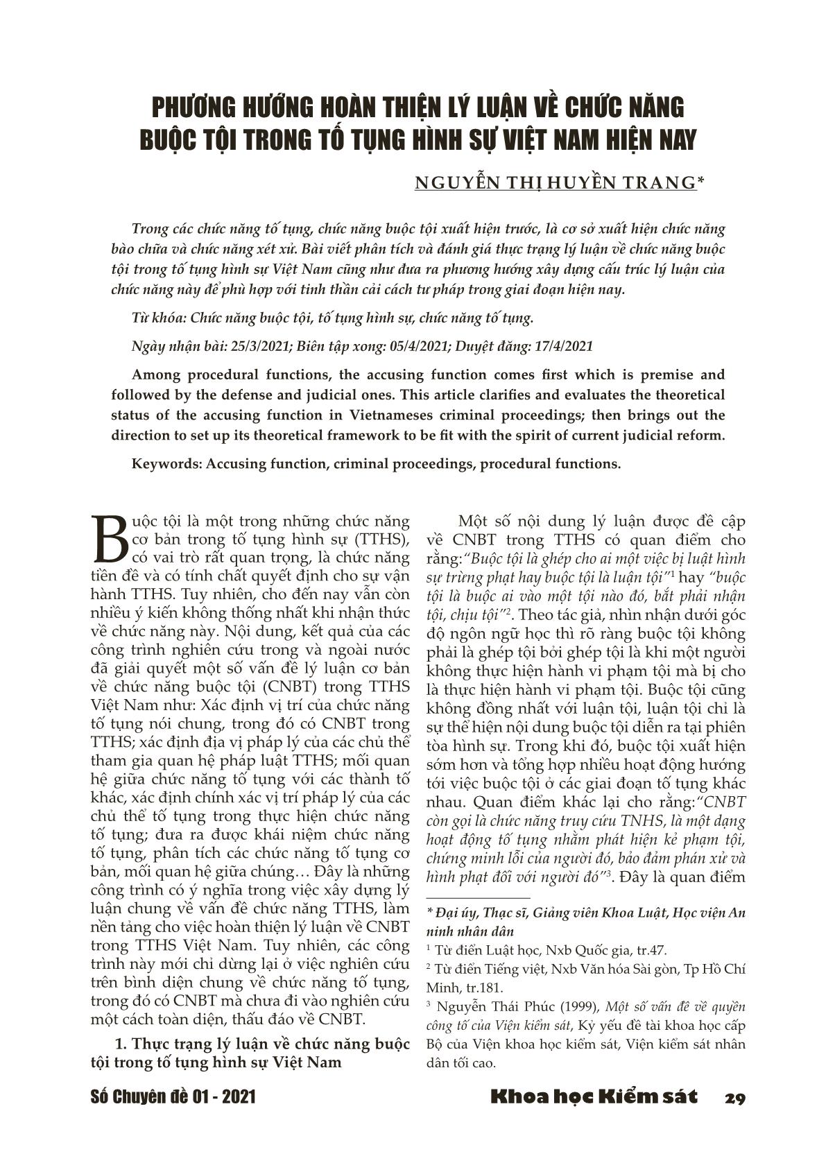 Phương hướng hoàn thiện lý luận về chức năng buộc tội trong tố tụng hình sự Việt Nam hiện nay trang 1