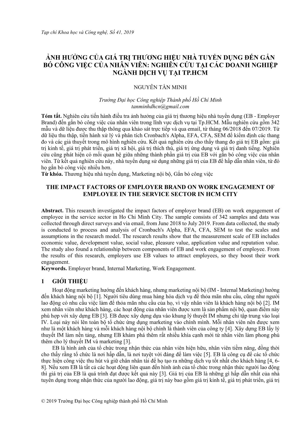 Ảnh hưởng của giá trị thương hiệu nhà tuyển dụng đến gắn bó công việc của nhân viên: Nghiên cứu tại các doanh nghiệp ngành dịch vụ tại thành phố Hồ Chí Minh trang 1