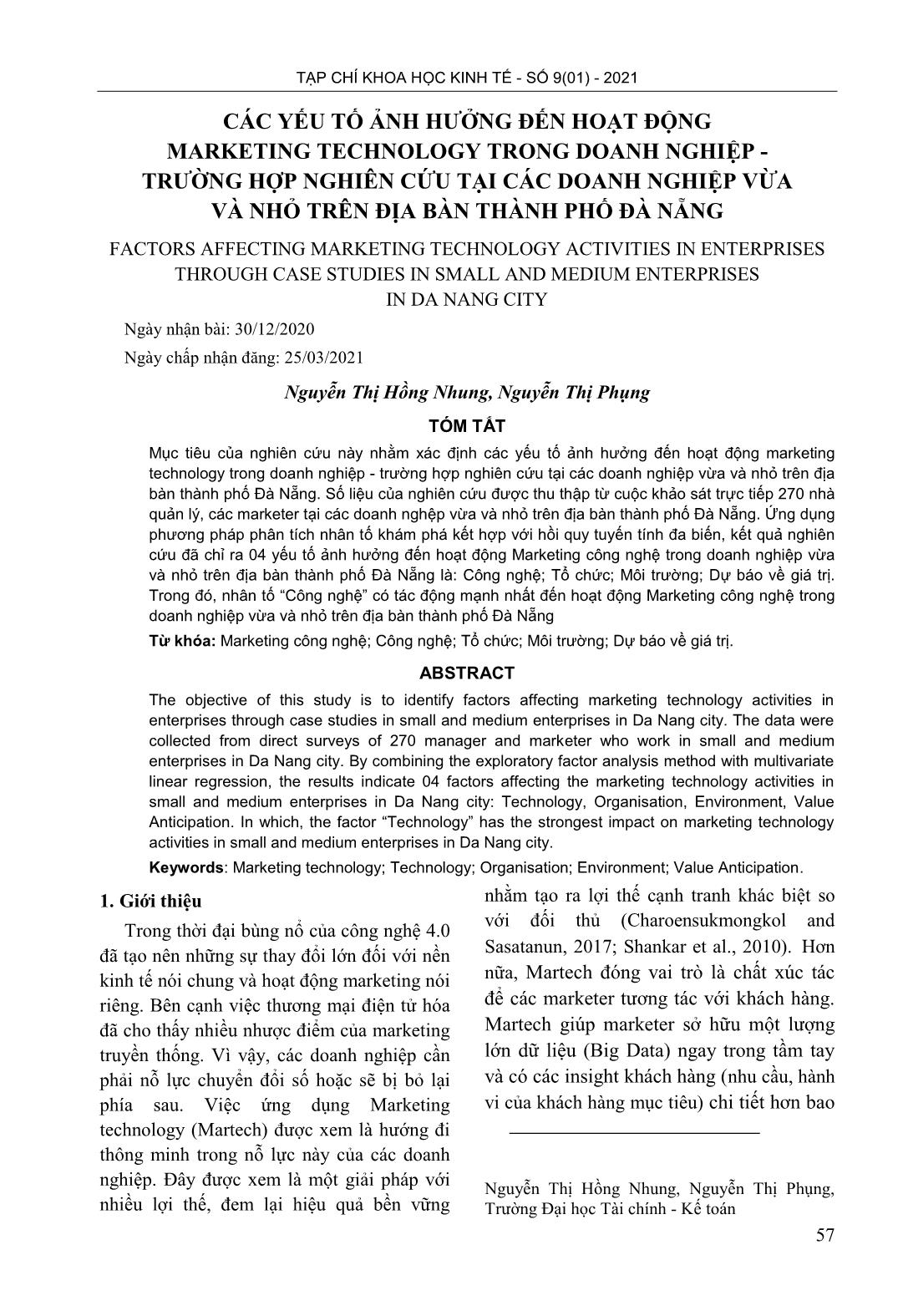 Các yếu tố ảnh hưởng đến hoạt động Marketing Technology trong doanh nghiệp - Trường hợp nghiên cứu tại các doanh nghiệp vừa và nhỏ trên địa bàn thành phố Đà Nẵng trang 1