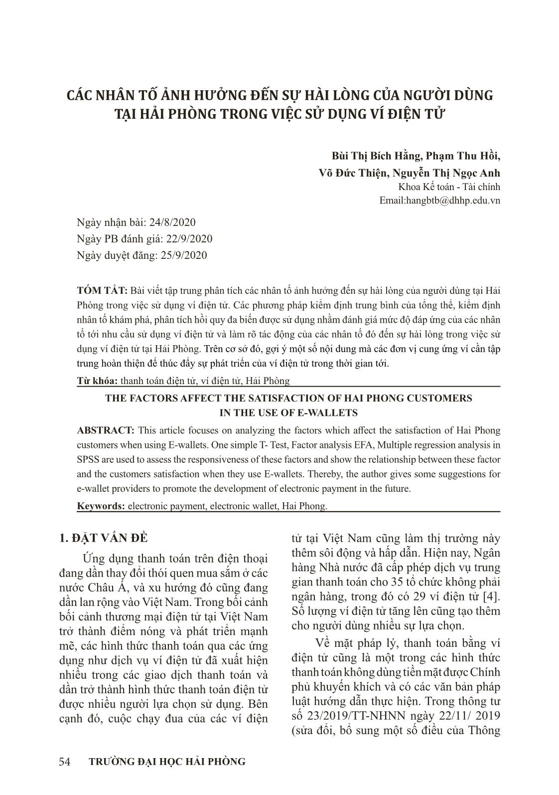 Các nhân tố ảnh hưởng đến sự hài lòng của người dùng tại Hải Phòng trong việc sử dụng ví điện tử trang 1