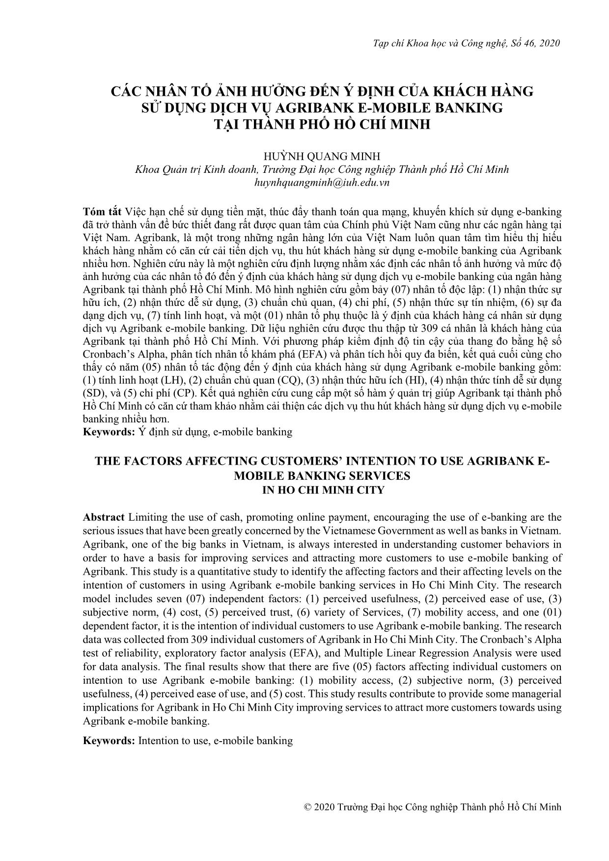 Các nhân tố ảnh hưởng đến ý định của khách hàng sử dụng dịch vụ Agribank E-Mobile banking tại thành phố Hồ Chí Minh trang 1