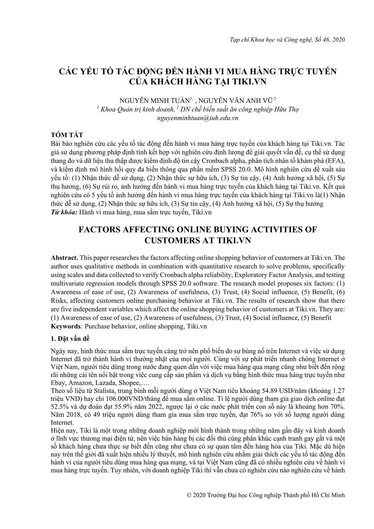 Các yếu tố tác động đến hành vi mua hàng trực tuyến của khách hàng tại Tiki.vn trang 1