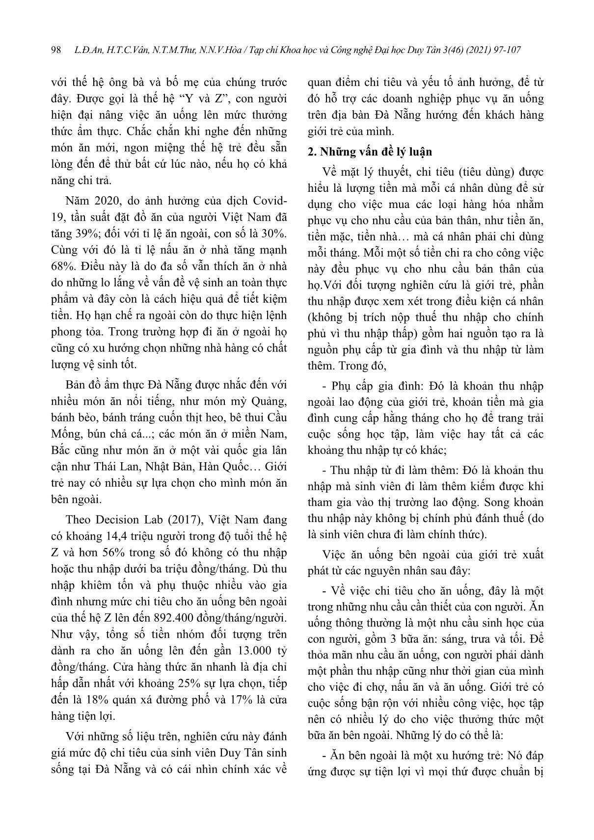 Đánh giá tần số, mức độ chi tiêu và động lực ăn ngoài của giới trẻ trong trạng thái bình thường mới: Nghiên cứu từ nhóm sinh viên đại học Duy Tân trang 2