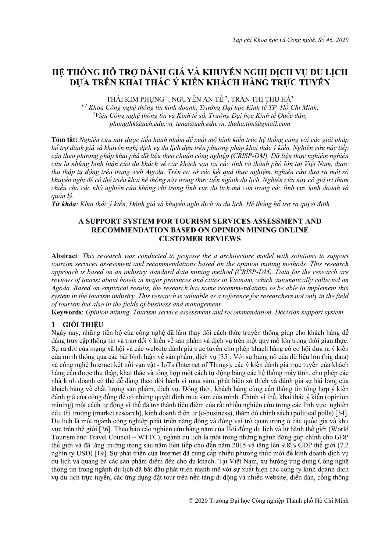 Hệ thống hỗ trợ đánh giá và khuyến nghị dịch vụ du lịch dựa trên khai thác ý kiến khách hàng trực tuyến trang 1