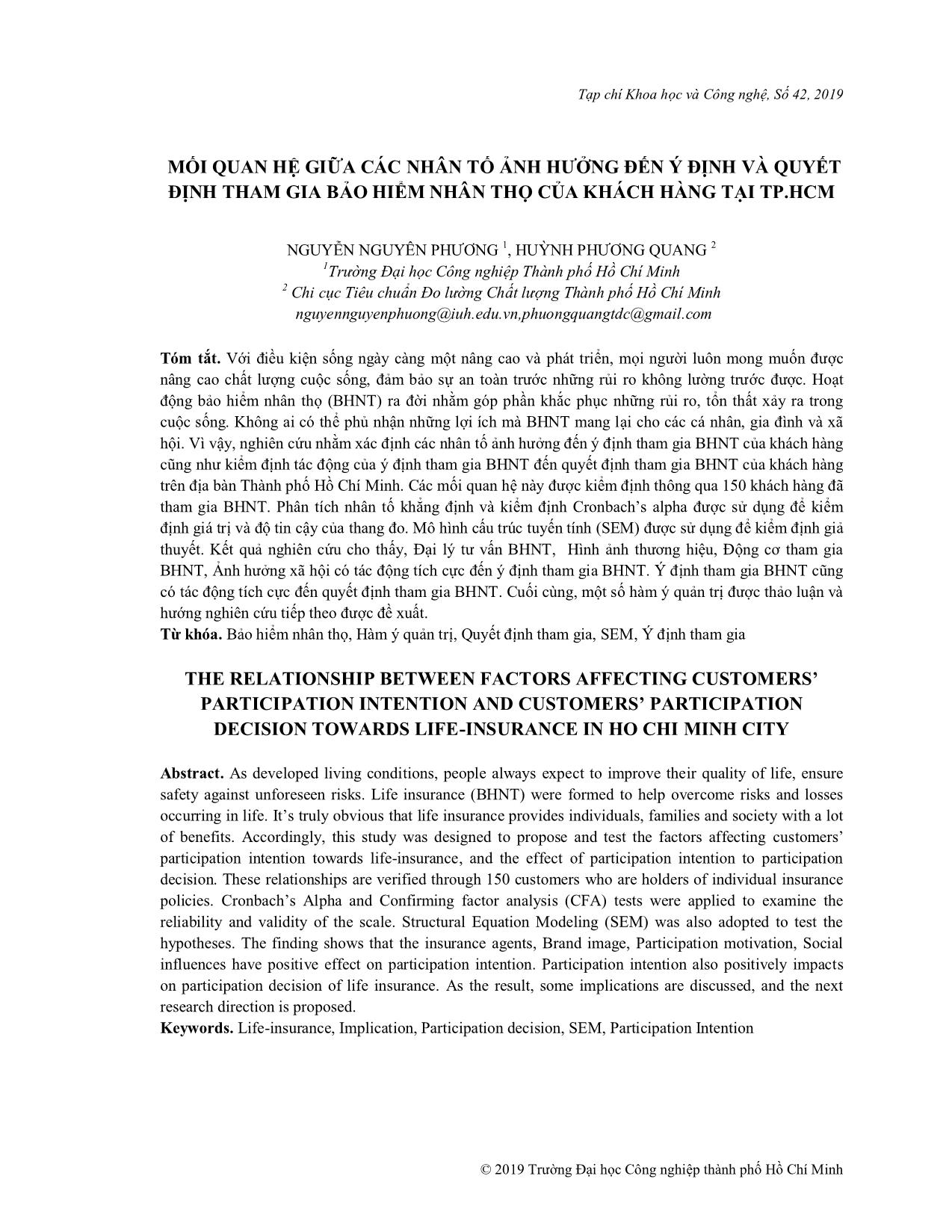 Mối quan hệ giữa các nhân tố ảnh hưởng đến ý định và quyết định tham gia bảo hiểm nhân thọ của khách hàng tại thành phố Hồ Chí Minh trang 1