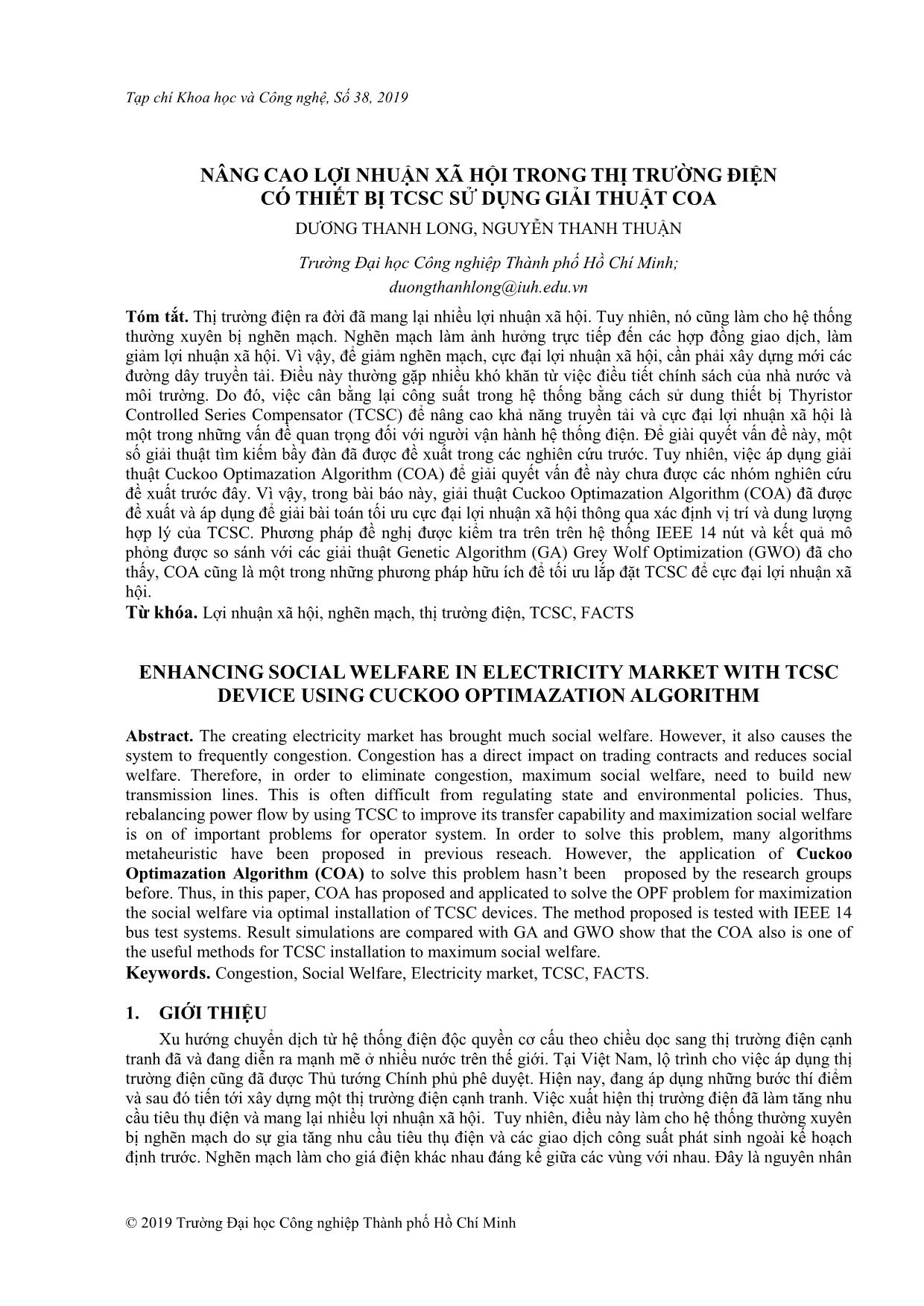 Nâng cao lợi nhuận xã hội trong thị trường điện có thiết bị TCSC sử dụng giải thuật COA trang 1
