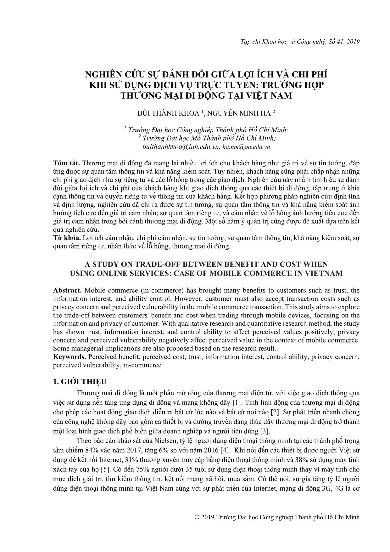 Nghiên cứu sự đánh đổi giữa lợi ích và chi phí khi sử dụng dịch vụ trực tuyến: Trường hợp thương mại di động tại Việt Nam trang 1