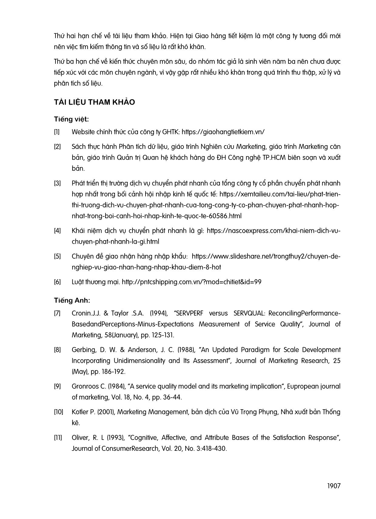 Nghiên cứu sự hài lòng của khách hàng khi sử dụng dịch vụ giao nhận hàng của Công ty Cổ phần Giao hàng Tiết kiệm khu vực thành phố Hồ Chí Minh trang 7