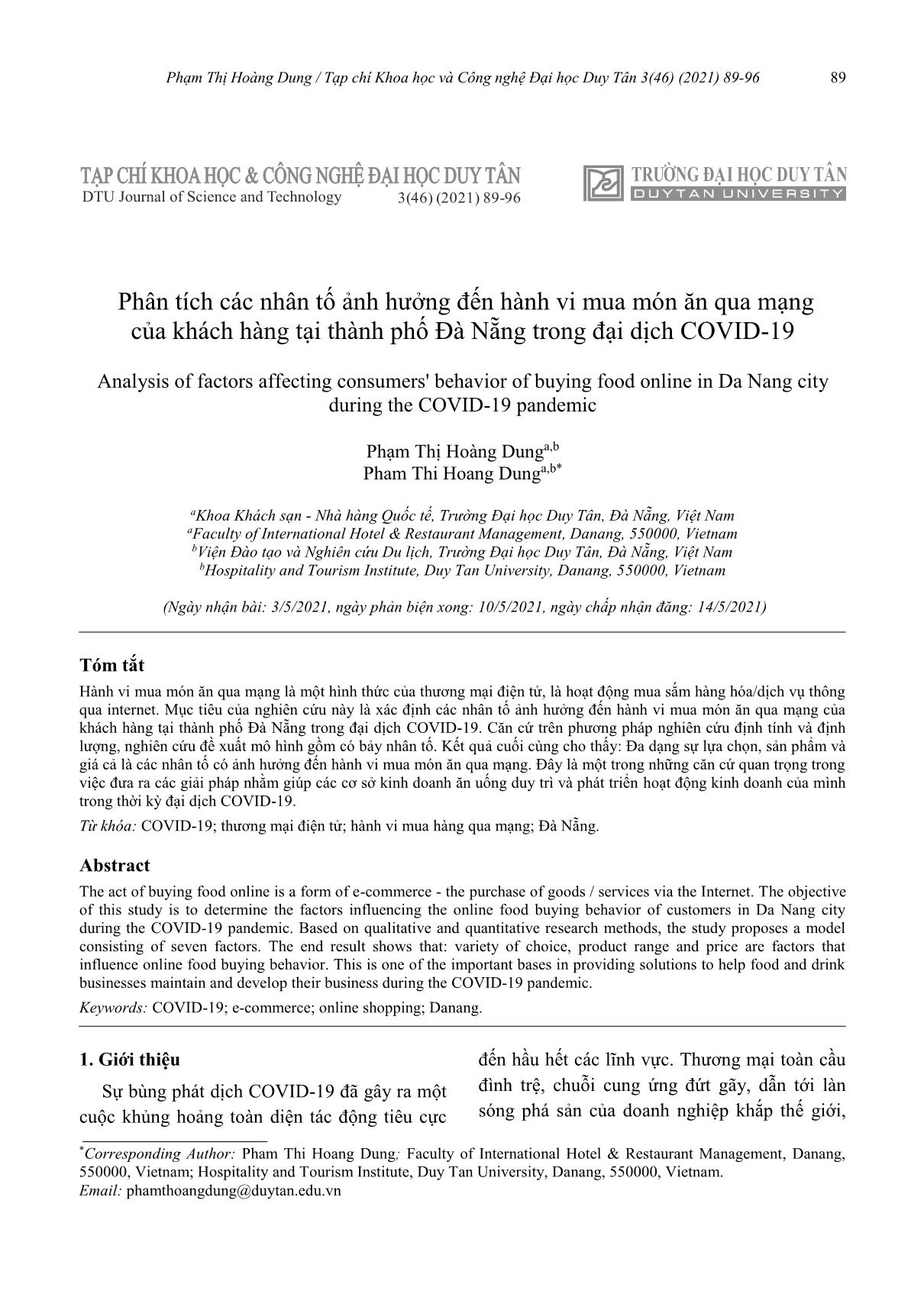 Phân tích các nhân tố ảnh hưởng đến hành vi mua món ăn qua mạng của khách hàng tại thành phố Đà Nẵng trong đại dịch COVID-19 trang 1