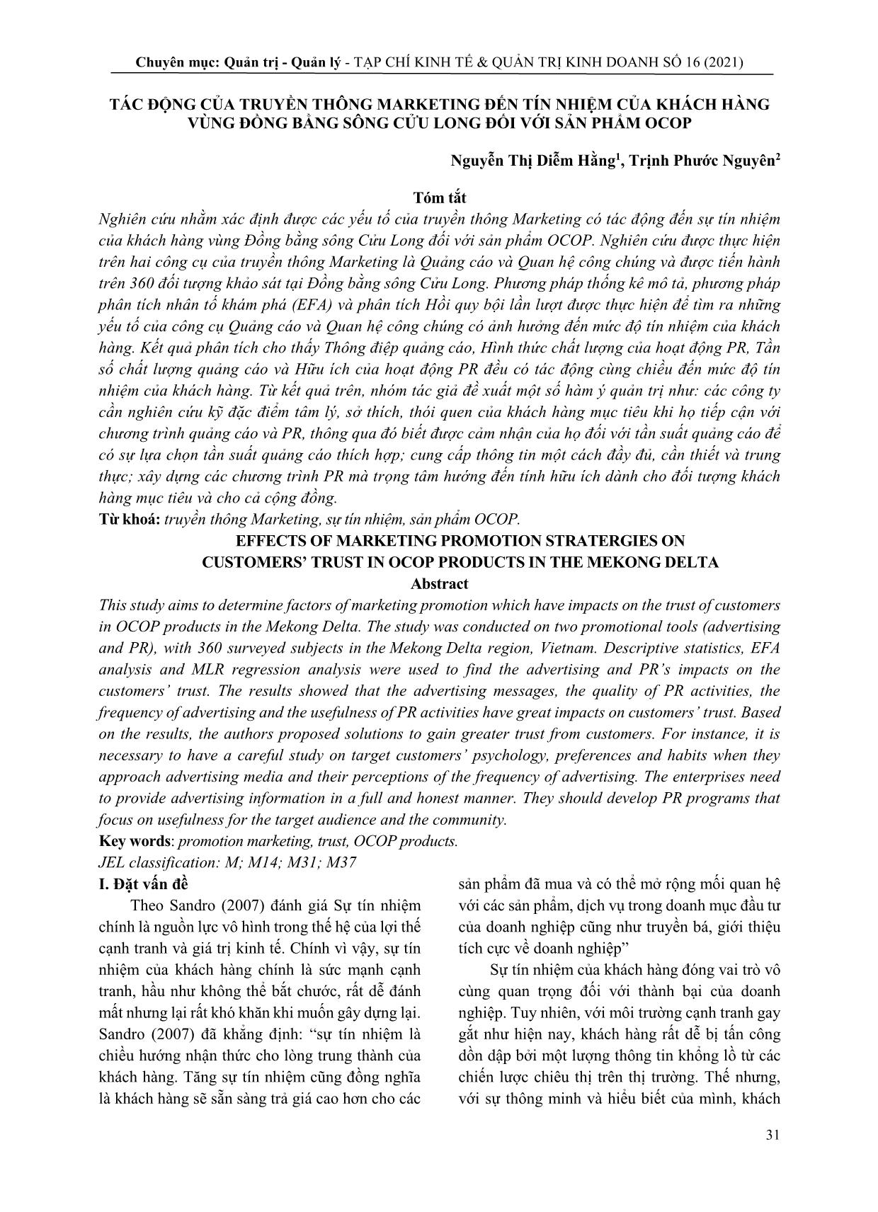 Tác động của truyền thông marketing đến tín nhiệm của khách hàng vùng đồng bằng sông Cửu Long đối với sản phẩm OCOP trang 1
