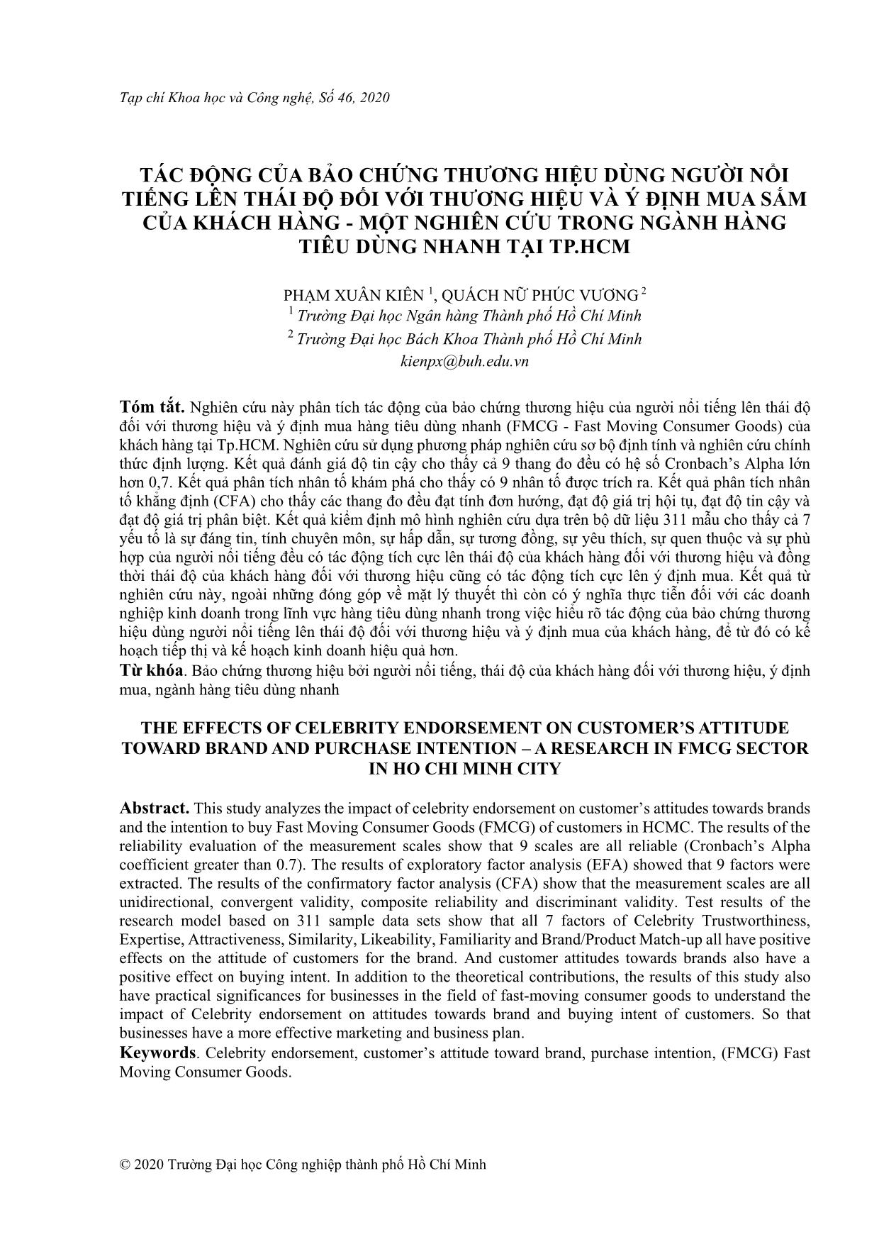 Tác động của bảo chứng thương hiệu dùng người nổi tiếng lên thái độ đối với thương hiệu và ý định mua sắm của khách hàng - Một nghiên cứu trong ngành hàng tiêu dùng nhanh tại thành phố Hồ Chí Minh trang 1