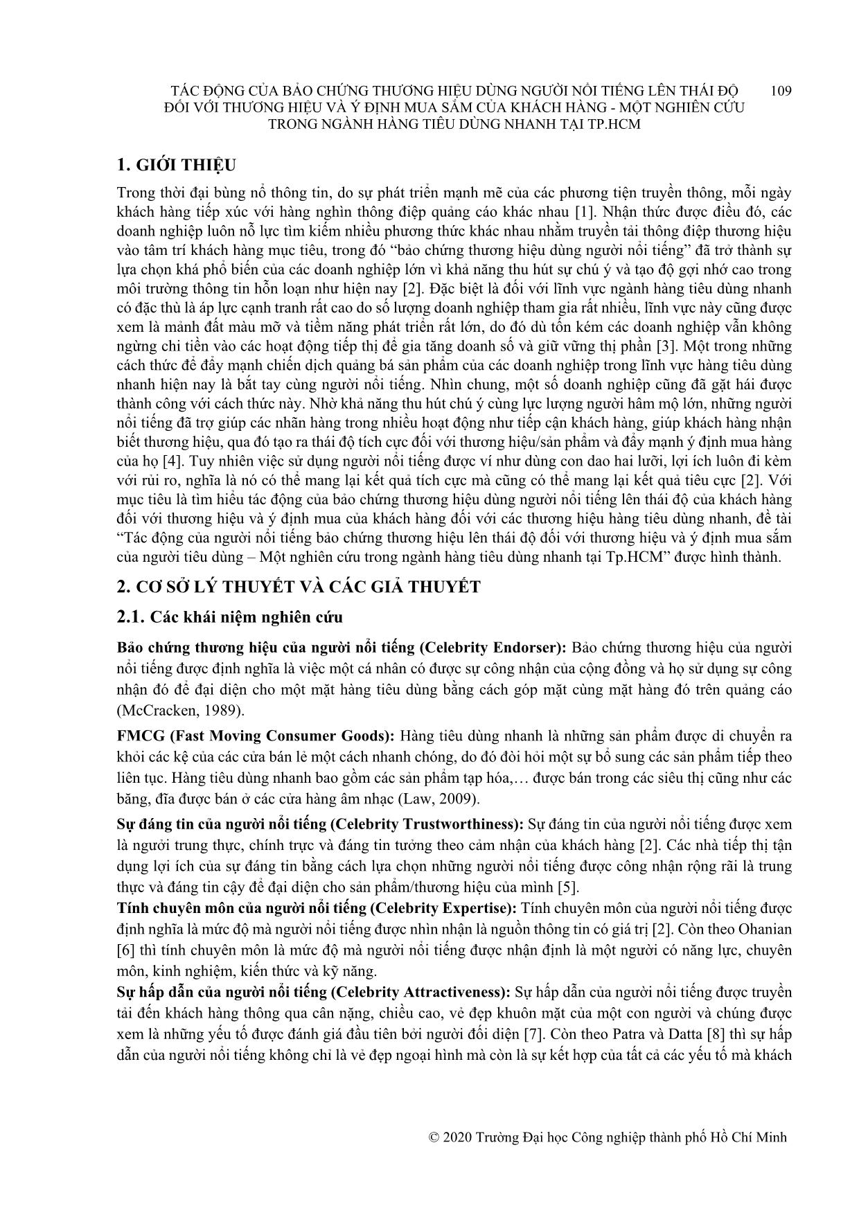 Tác động của bảo chứng thương hiệu dùng người nổi tiếng lên thái độ đối với thương hiệu và ý định mua sắm của khách hàng - Một nghiên cứu trong ngành hàng tiêu dùng nhanh tại thành phố Hồ Chí Minh trang 2