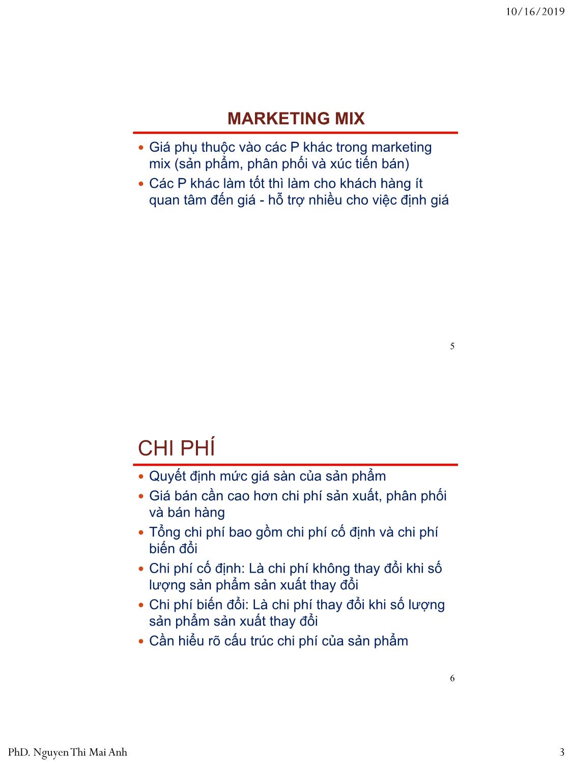 Bài giảng Nguyên lý marketing - Bài 7: Định giá sản phẩm - Nguyễn Thị Mai An trang 3