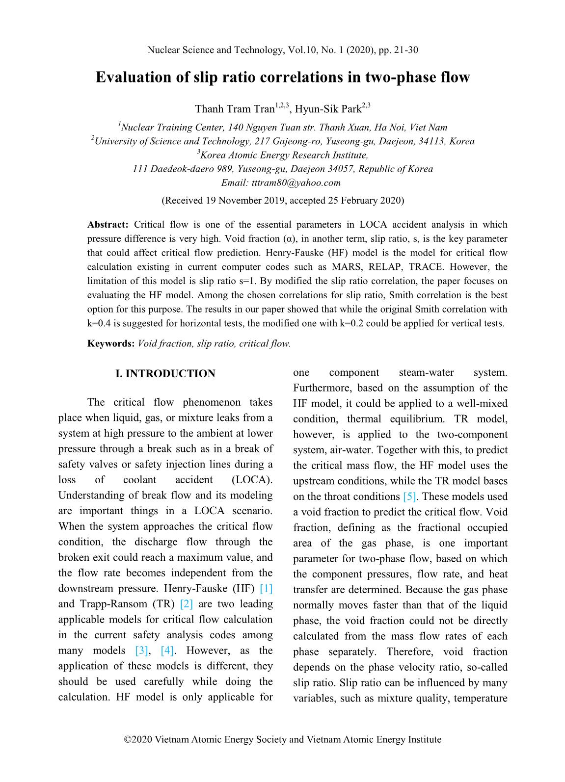 Evaluation of slip ratio correlations in two-phase flow trang 1