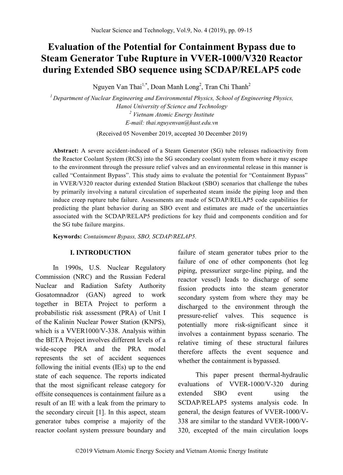 Evaluation of the Potential for Containment Bypass due to Steam Generator Tube Rupture in VVER-1000/V320 Reactor during Extended SBO sequence using SCDAP/RELAP5 code trang 1