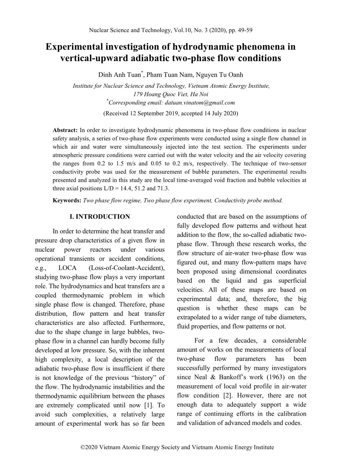 Experimental investigation of hydrodynamic phenomena in vertical-upward adiabatic two-phase Flow Conditions trang 1