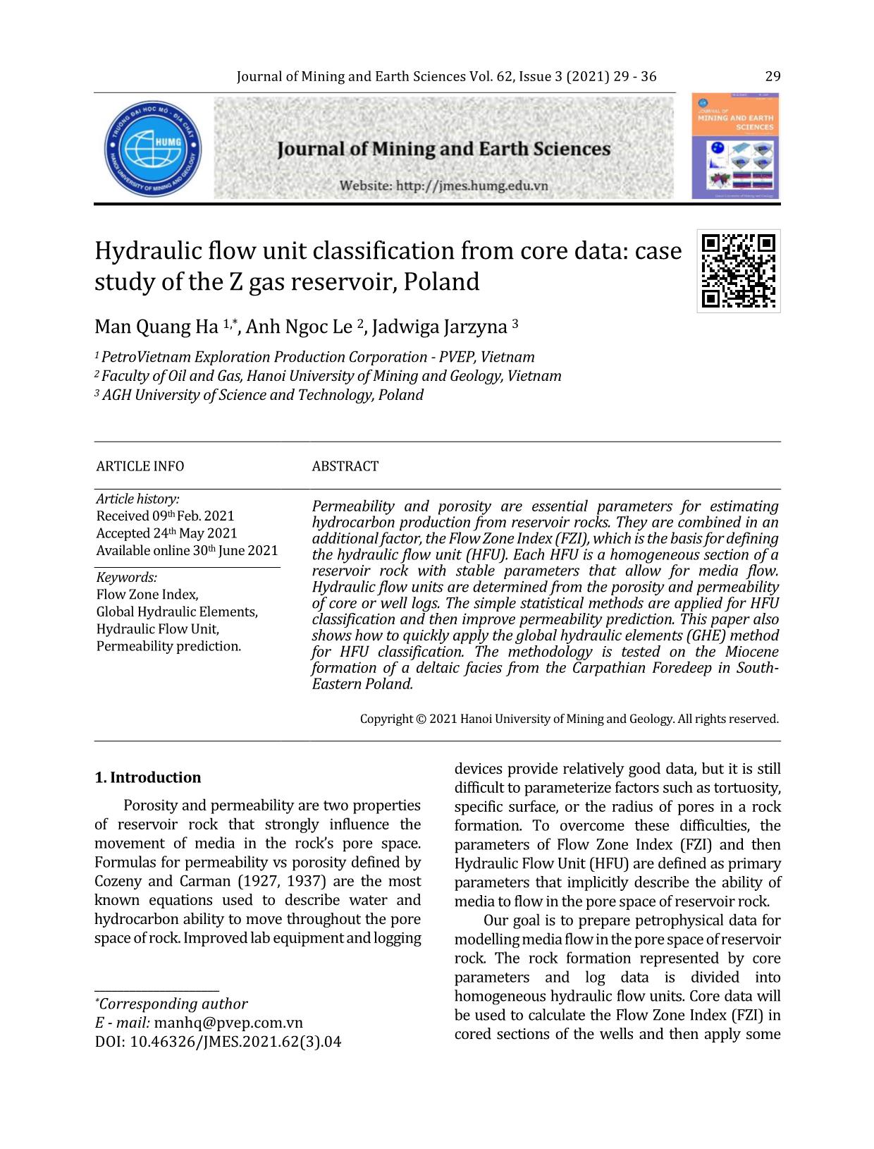 Hydraulic flow unit classification from core data: Case study of the Z gas reservoir, Poland trang 1