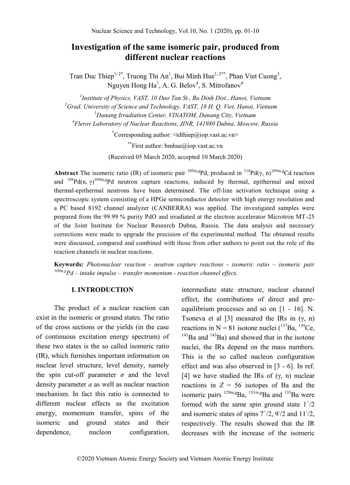 Investigation of the same isomeric pair, produced from different nuclear reactions trang 1