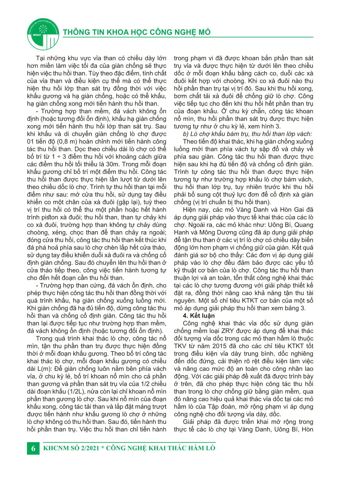 Kết quả áp dụng công nghệ khai thác sử dụng giàn chống mềm loại ZRY và đề xuất giải pháp thu hồi than nhằm mở rộng phạm vi áp dụng trong khai thác vỉa dốc tại các mỏ than hầm lò của Tập đoàn Công nghiệp Than - Khoáng sản Việt Nam trang 6