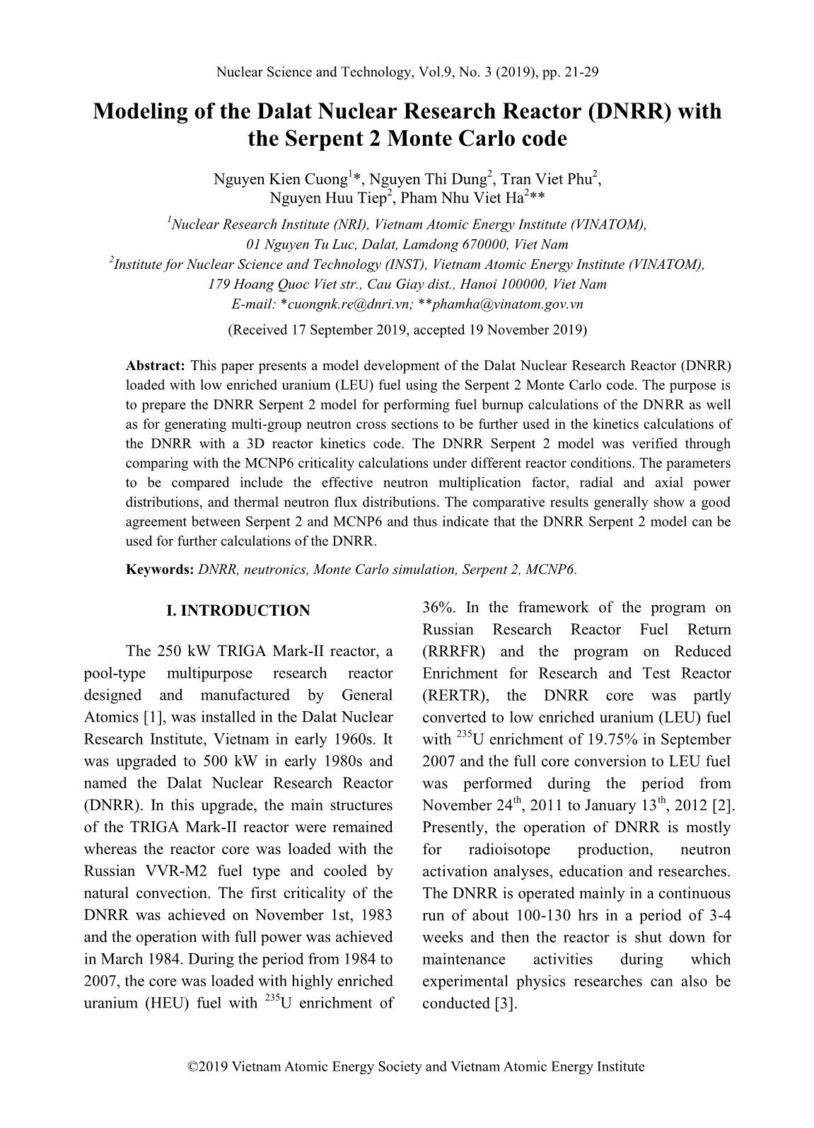 Modeling of the Dalat Nuclear Research Reactor (DNRR) with the Serpent 2 Monte Carlo code trang 1