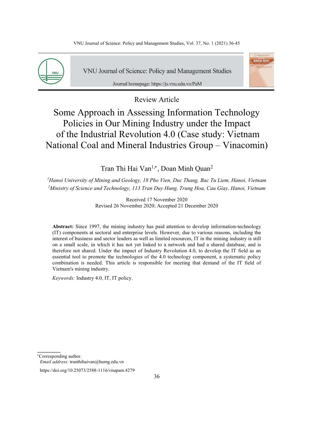 Một số tiếp cận trong đánh giá chính sách công nghệ thông tin ngành mỏ nước ta dưới tác động của cách mạng công nghiệp 4.0 (Nghiên cứu trường hợp: Tập đoàn Công nghiệp Than – Khoáng sản Việt Nam) trang 1