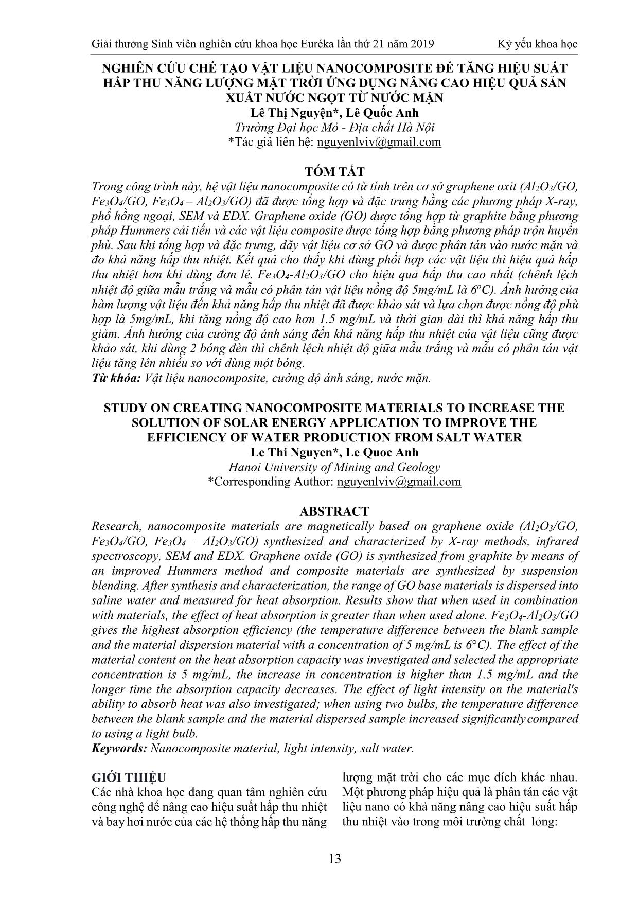 Nghiên cứu chế tạo vật liệu nanocomposite để tăng hiệu suất hấp thu năng lượng mặt trời ứng dụng nâng cao hiệu quả sản xuất nước ngọt từ nước mặn trang 1
