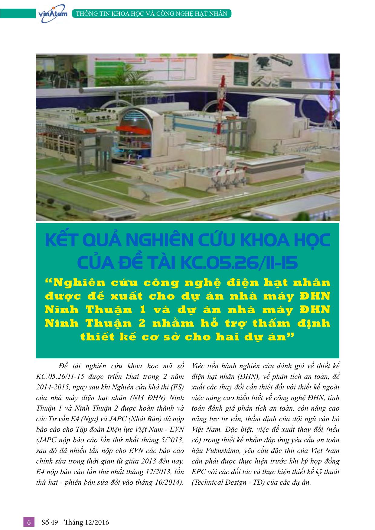 Nghiên cứu công nghệ điện hạt nhân được đề xuất cho dự án nhà máy Điện hạt nhân Ninh Thuận 1 và dự án nhà máy Điện hạt nhân Ninh Thuận 2 nhằm hỗ trợ thẩm định thiết kế cơ sở cho hai dự án trang 1