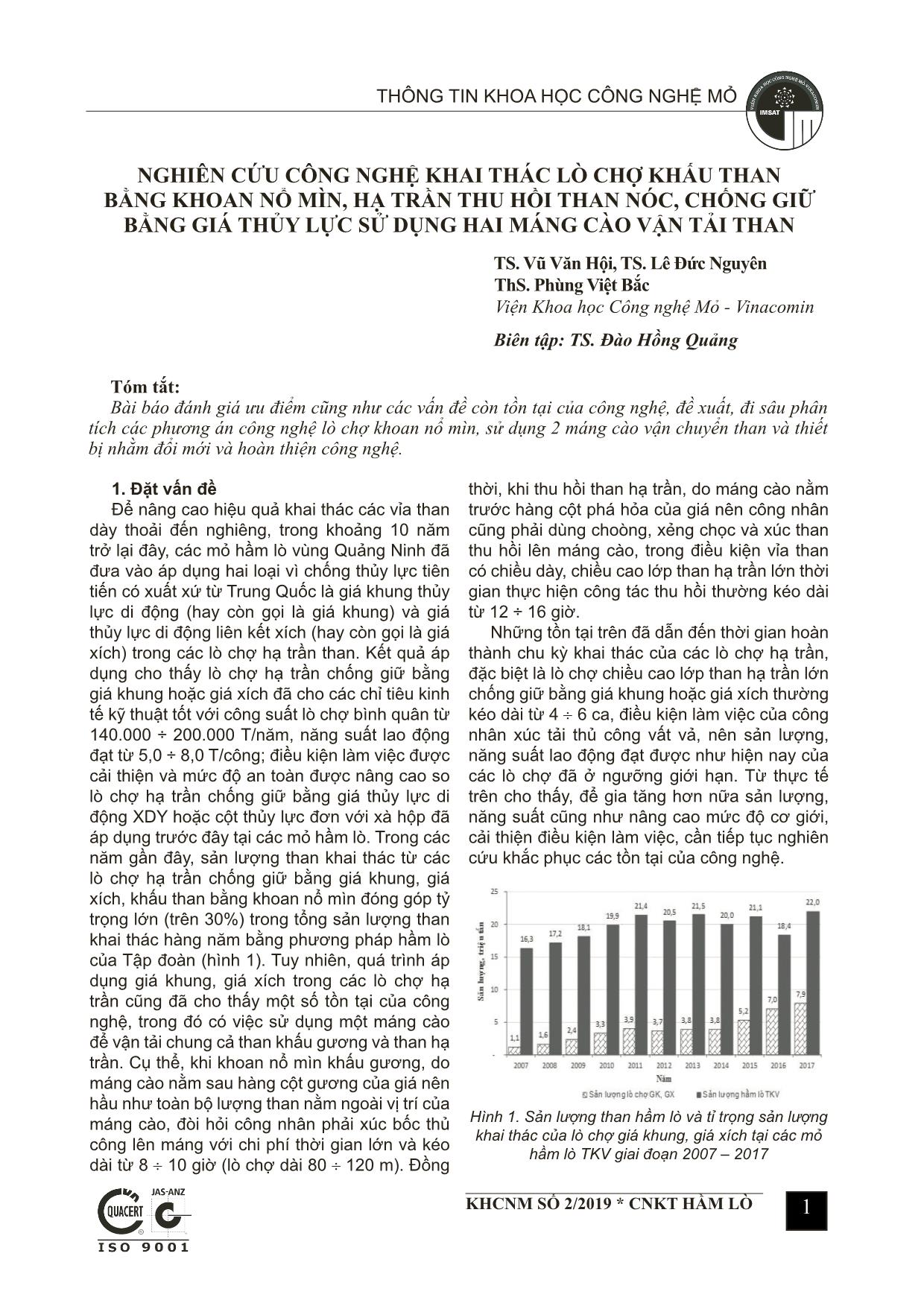 Nghiên cứu công nghệ khai thác lò chợ khấu than bằng khoan nổ mìn, hạ trần thu hồi than nóc, chống giữ bằng giá thủy lực sử dụng hai máng cào vận tải than trang 1