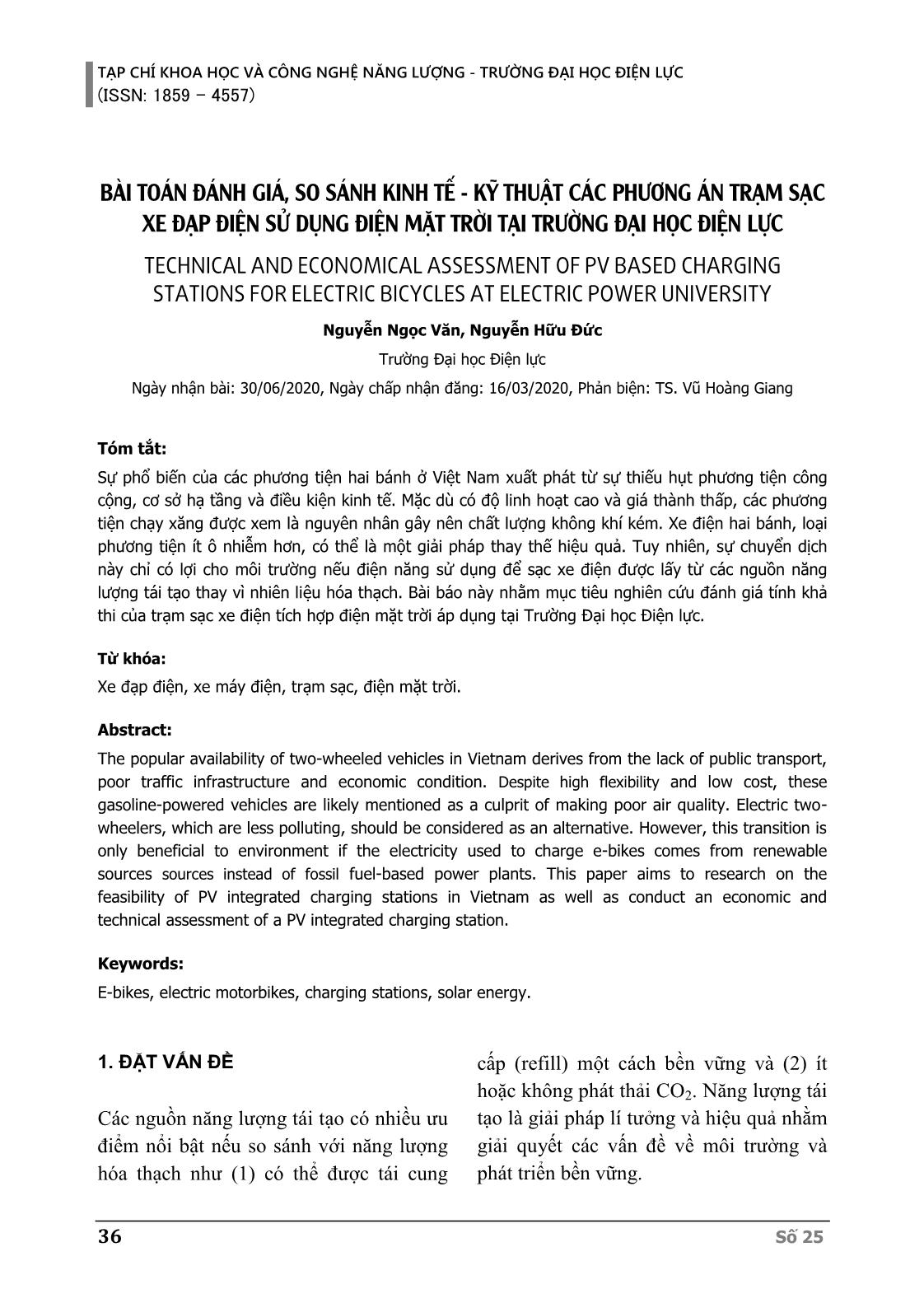 Bài toán đánh giá, so sánh kinh tế - kỹ thuật các phương án trạm sạc xe đạp điện sử dụng điện mặt trời tại trường Đại học Điện lực trang 1