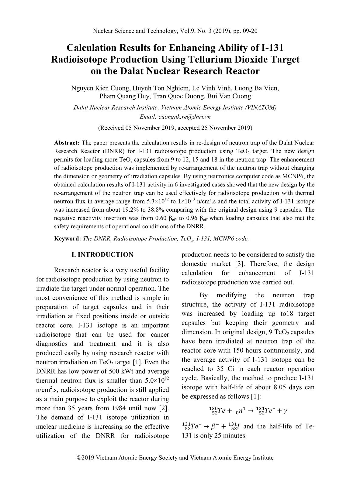 Calculation results for enhancing ability of I-131 radioisotope production using tellurium dioxide target on the dalat nuclear research reactor trang 1
