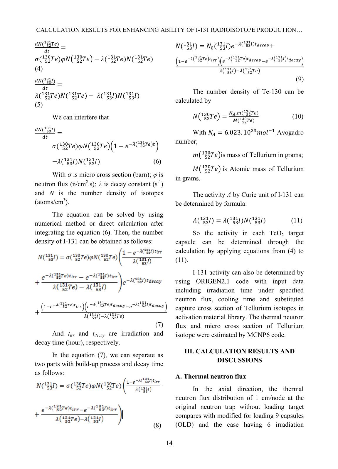 Calculation results for enhancing ability of I-131 radioisotope production using tellurium dioxide target on the dalat nuclear research reactor trang 6