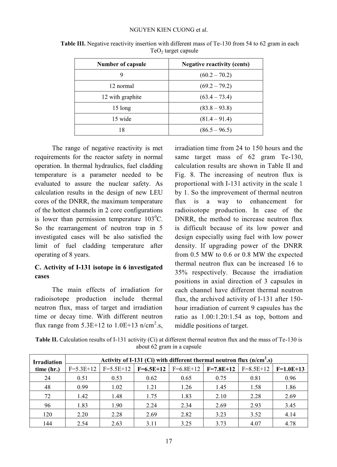 Calculation results for enhancing ability of I-131 radioisotope production using tellurium dioxide target on the dalat nuclear research reactor trang 9