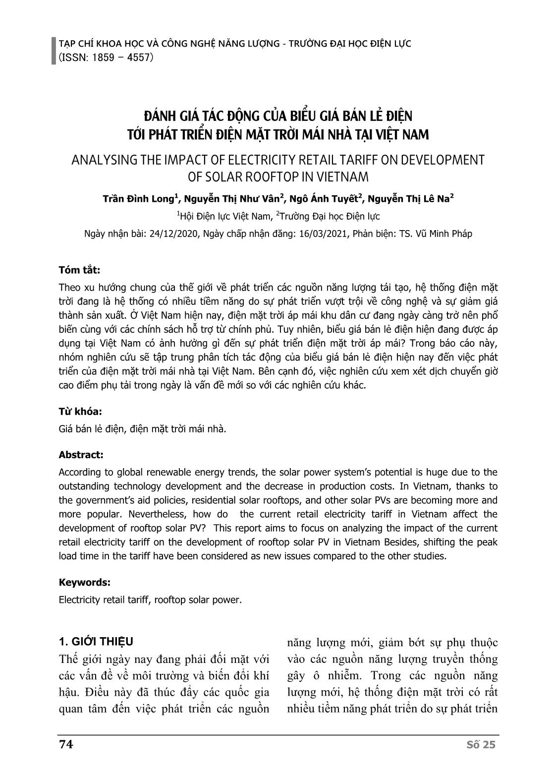 Đánh giá tác động của biểu giá bán lẻ điện tới phát triển điện mặt trời mái nhà tại Việt Nam trang 1