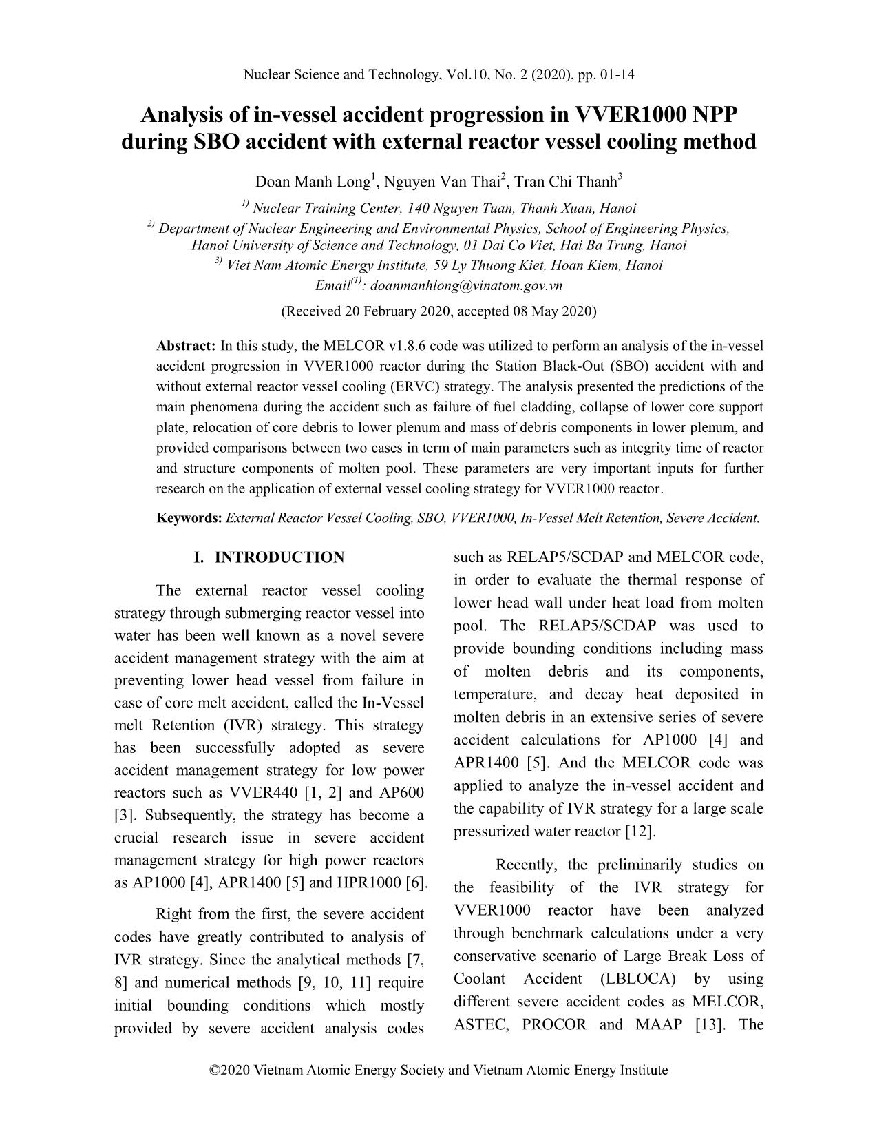 Analysis of in-vessel accident progression in VVER1000 NPP during SBO accident with external reactor vessel cooling method trang 1