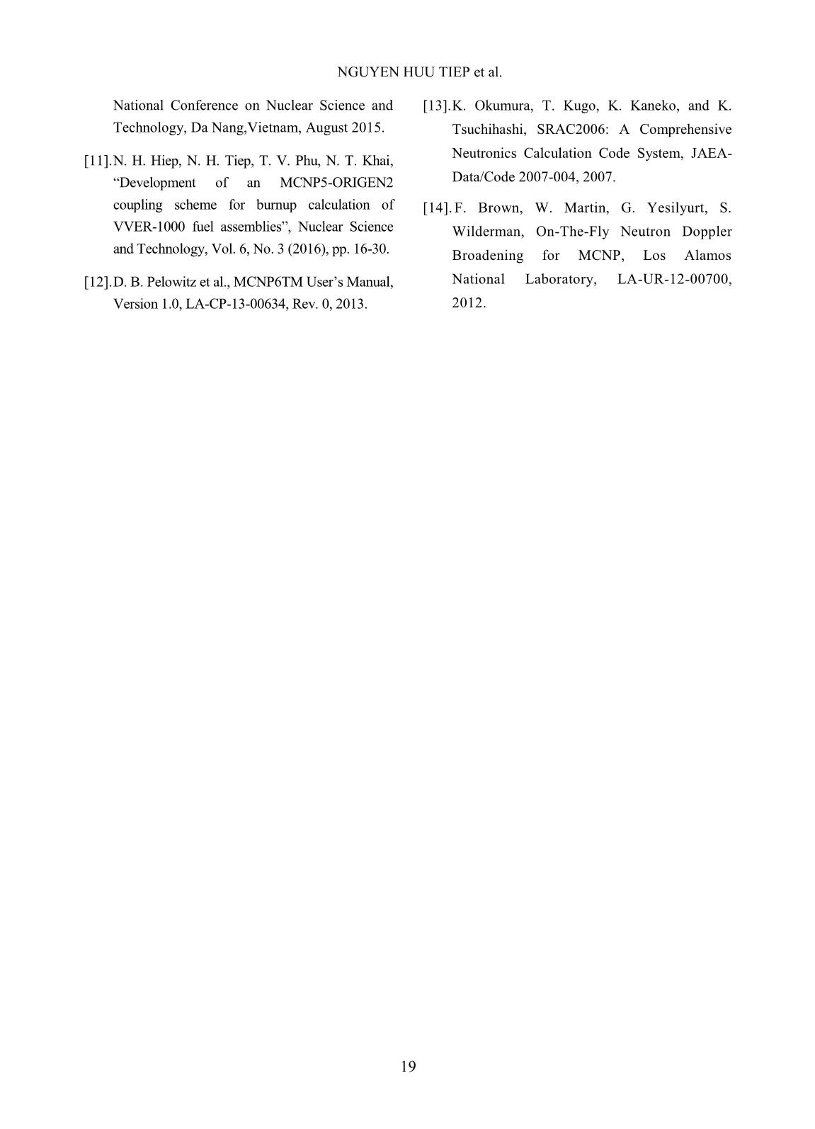 Burnup calculation of the OECD VVER-1000 LEU benchmark assembly using MCNP6 and SRAC2006 trang 10