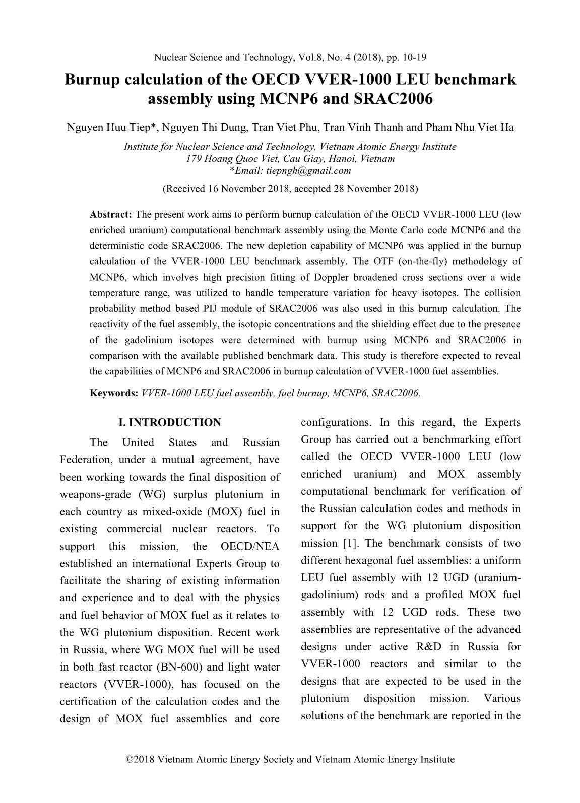 Burnup calculation of the OECD VVER-1000 LEU benchmark assembly using MCNP6 and SRAC2006 trang 1