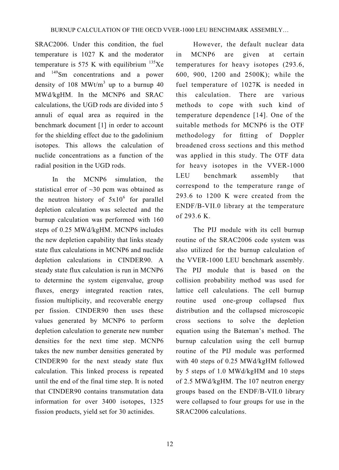 Burnup calculation of the OECD VVER-1000 LEU benchmark assembly using MCNP6 and SRAC2006 trang 3