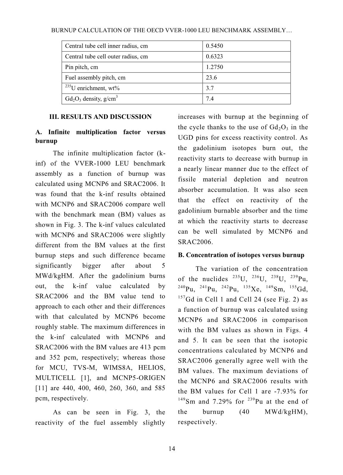 Burnup calculation of the OECD VVER-1000 LEU benchmark assembly using MCNP6 and SRAC2006 trang 5