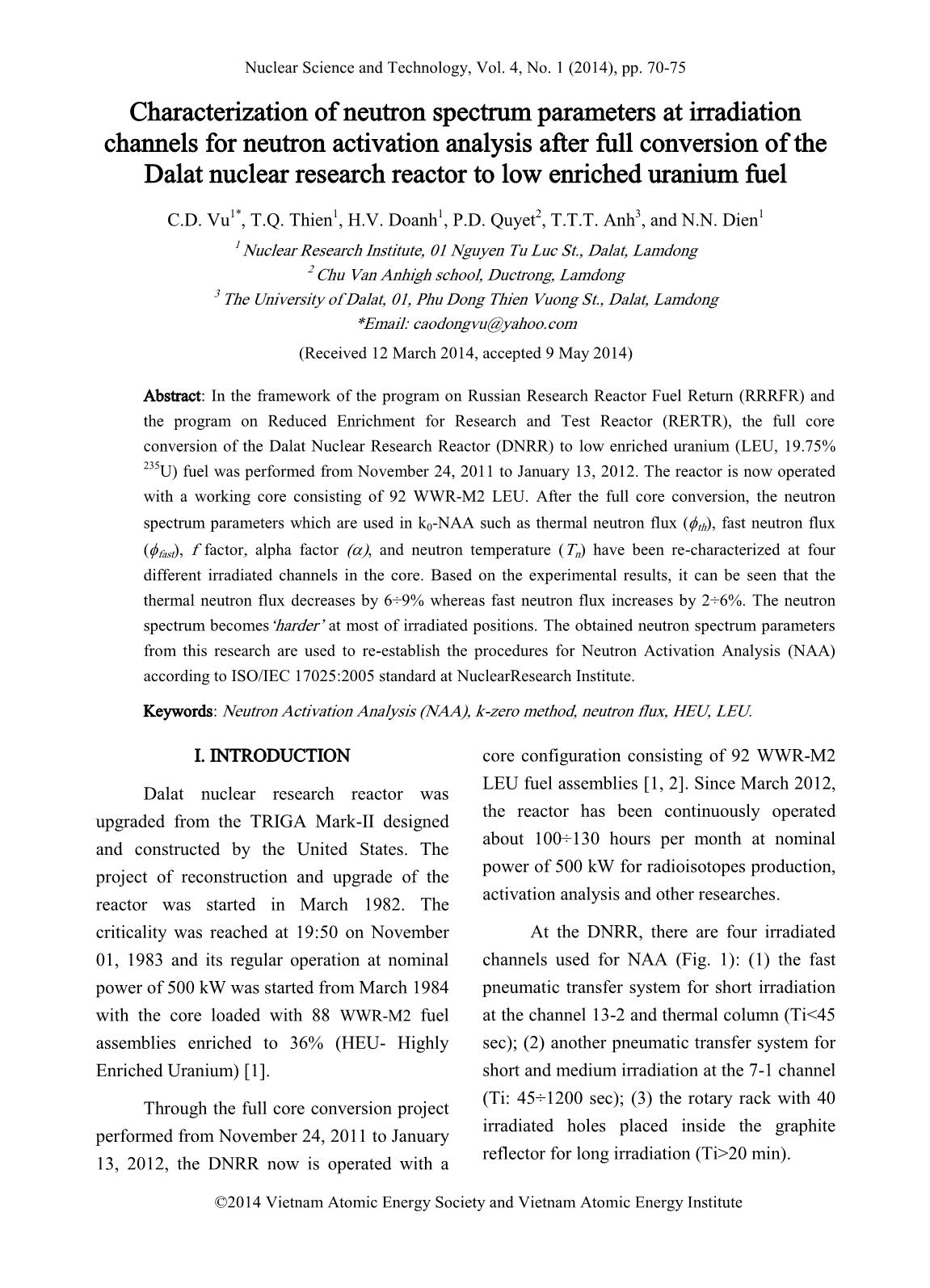 Characterization of neutron spectrum parameters at irradiation channels for neutron activation analysis after full conversion of the Dalat nuclear research reactor to low enriched uranium fuel trang 1