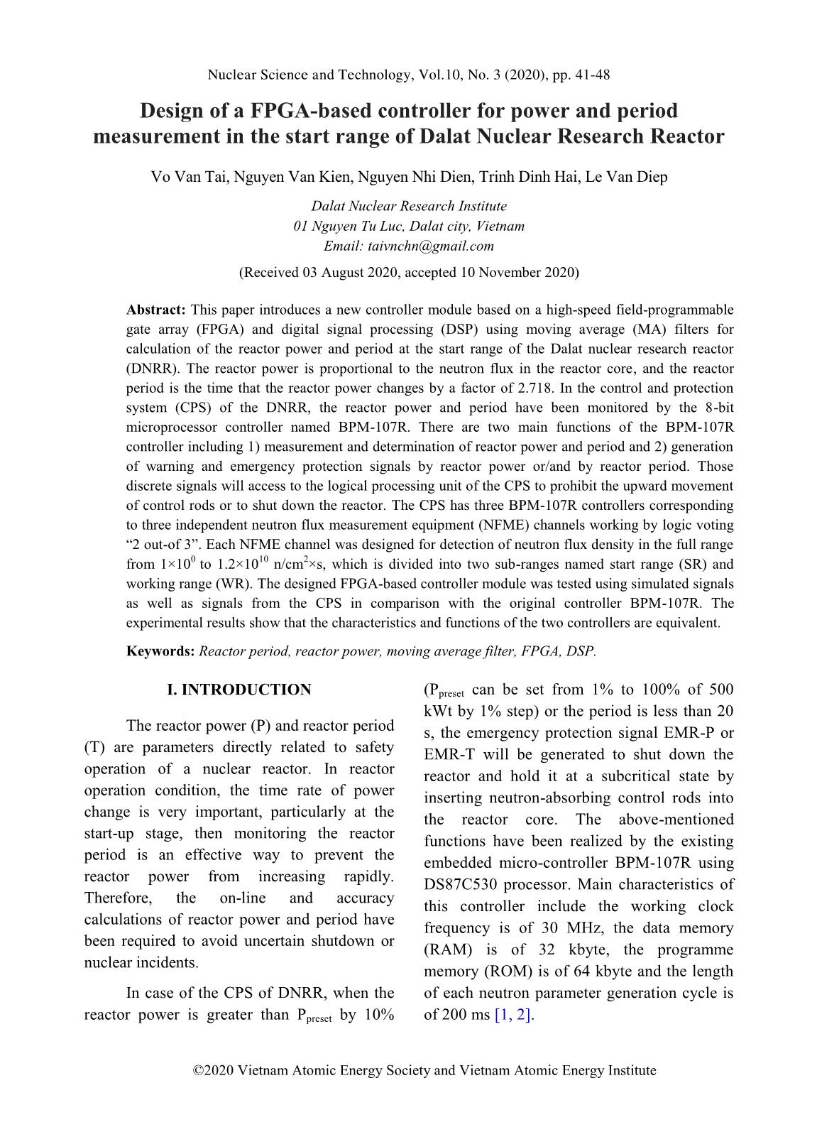 Design of a FPGA-based controller for power and period measurement in the start range of Dalat Nuclear Research Reactor trang 1