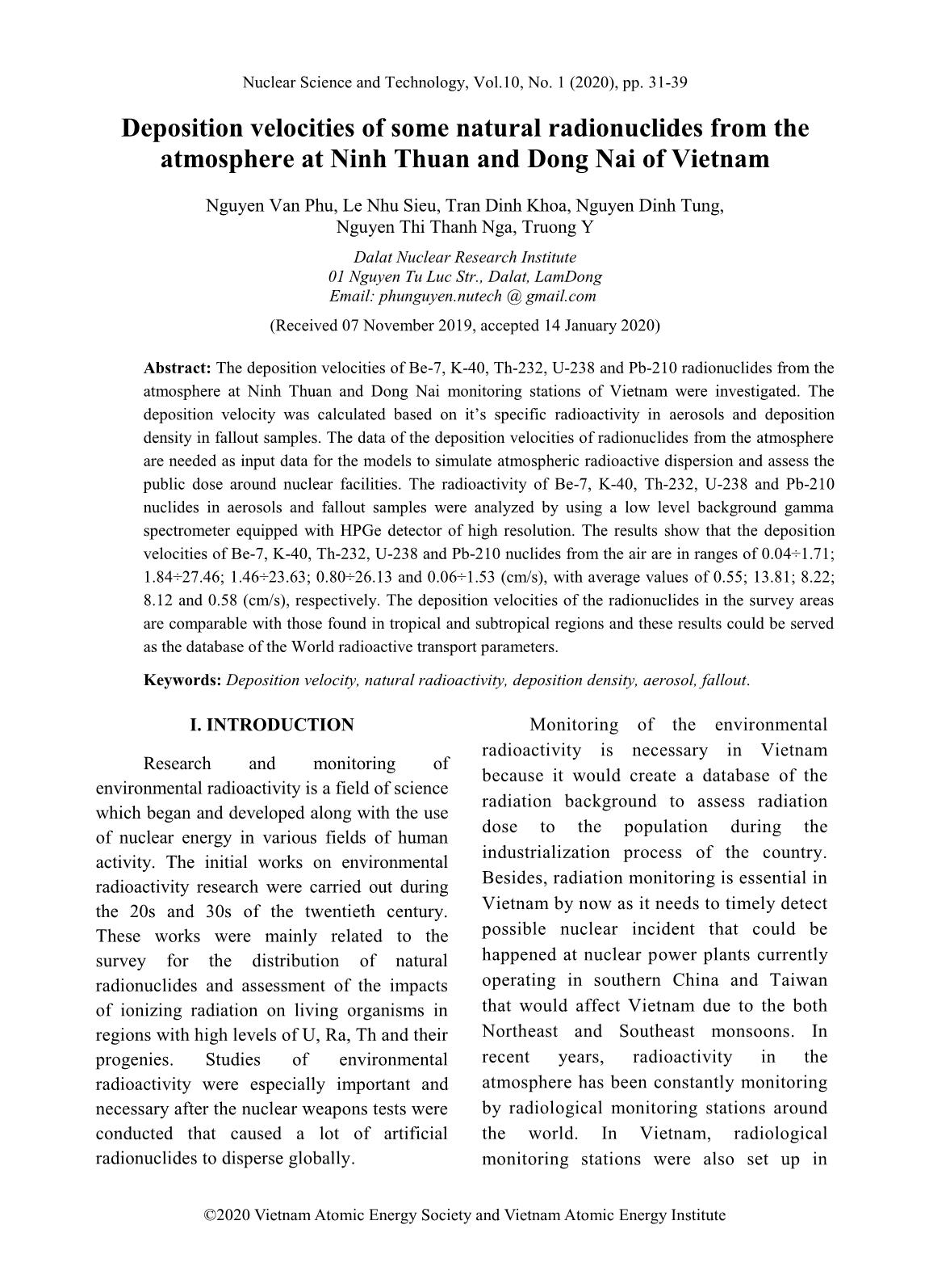 Deposition velocities of some natural radionuclides from the atmosphere at Ninh Thuan and Dong Nai of Vietnam trang 1