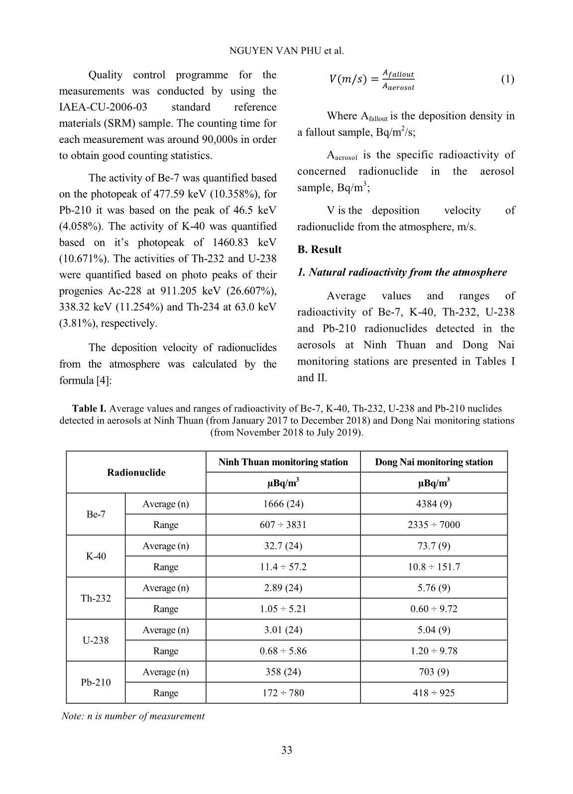 Deposition velocities of some natural radionuclides from the atmosphere at Ninh Thuan and Dong Nai of Vietnam trang 3