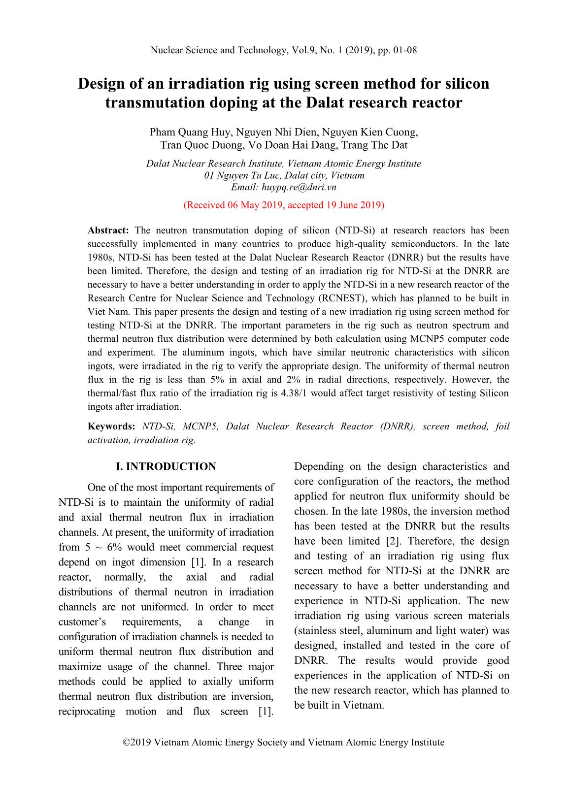 Design of an irradiation rig using screen method for silicon transmutation doping at the Dalat research reactor trang 1