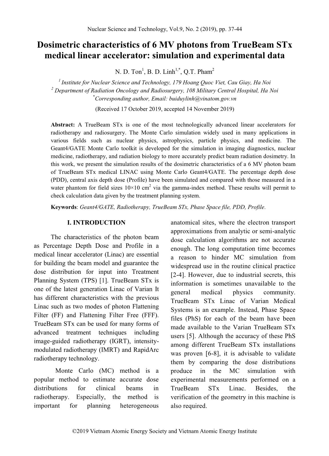 Dosimetric characteristics of 6 MV photons from TrueBeam STx medical linear accelerator: Simulation and experimental data trang 1