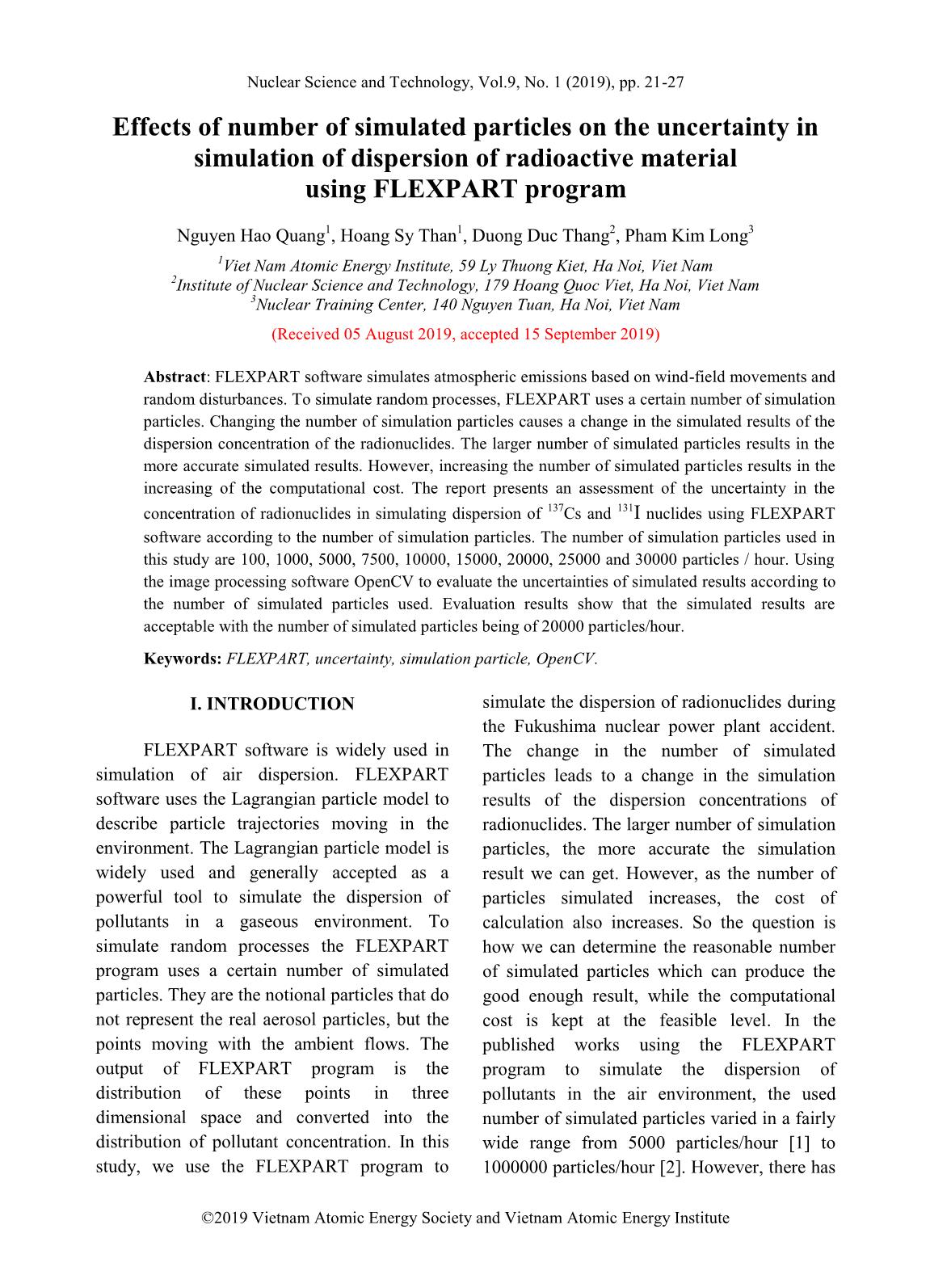 Effects of number of simulated particles on the uncertainty in simulation of dispersion of radioactive material using FLEXPART program trang 1