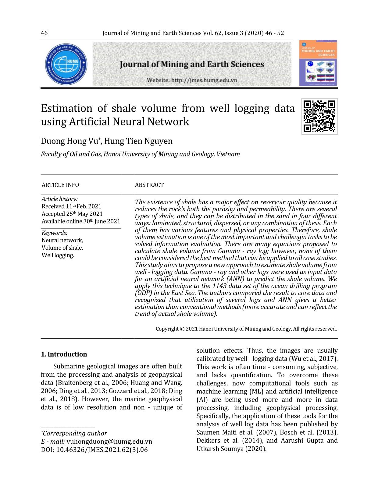 Estimation of shale volume from well logging data using Artificial Neural Network trang 1