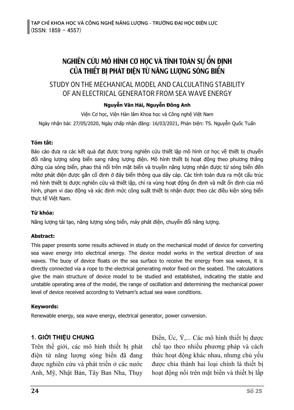 Nghiên cứu mô hình cơ học và tính toán sự ổn định của thiết bị phát điện từ năng lượng sóng biển trang 1