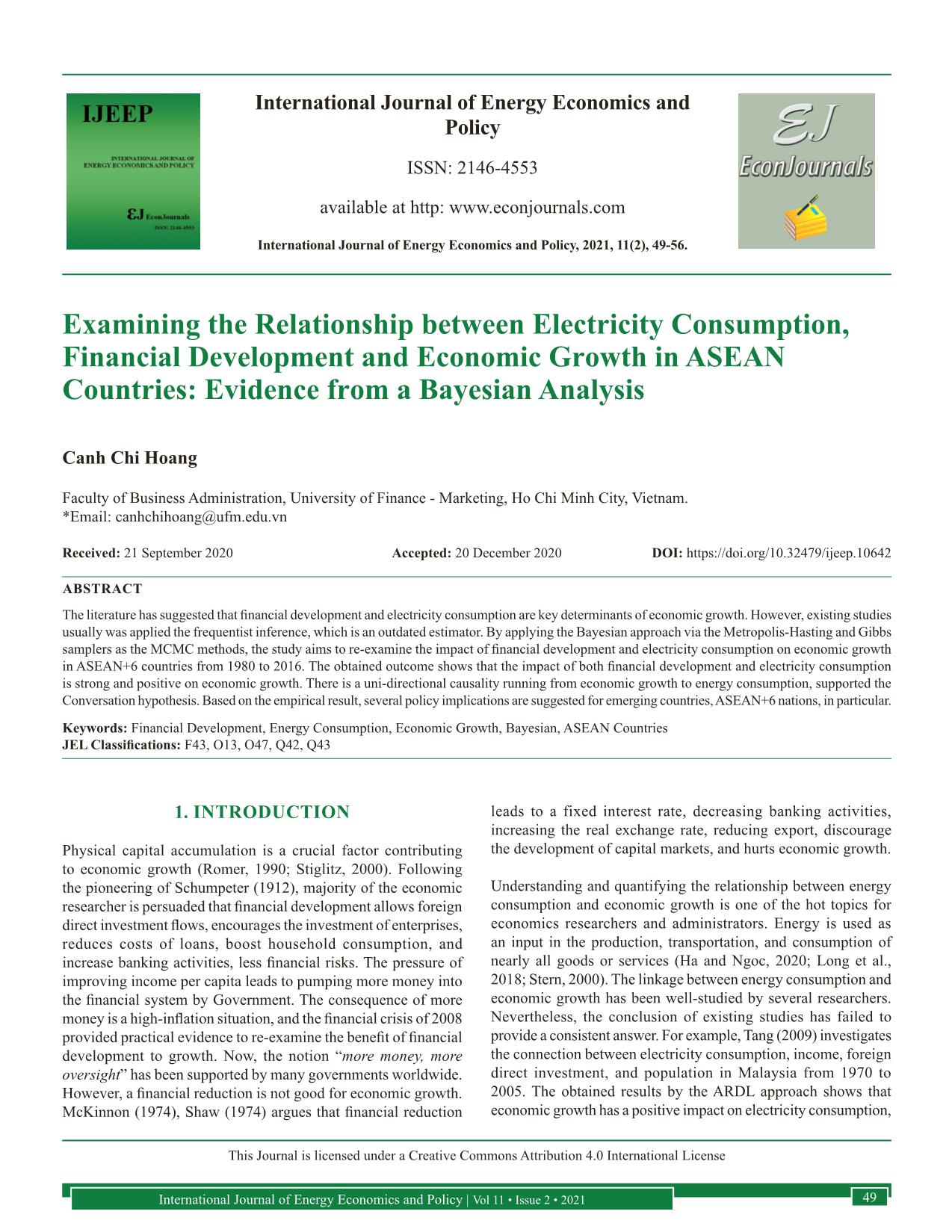 Examining the relationship between electricity consumption, financial development and economic growth in ASEAN countries: Evidence from a bayesian analysis trang 1