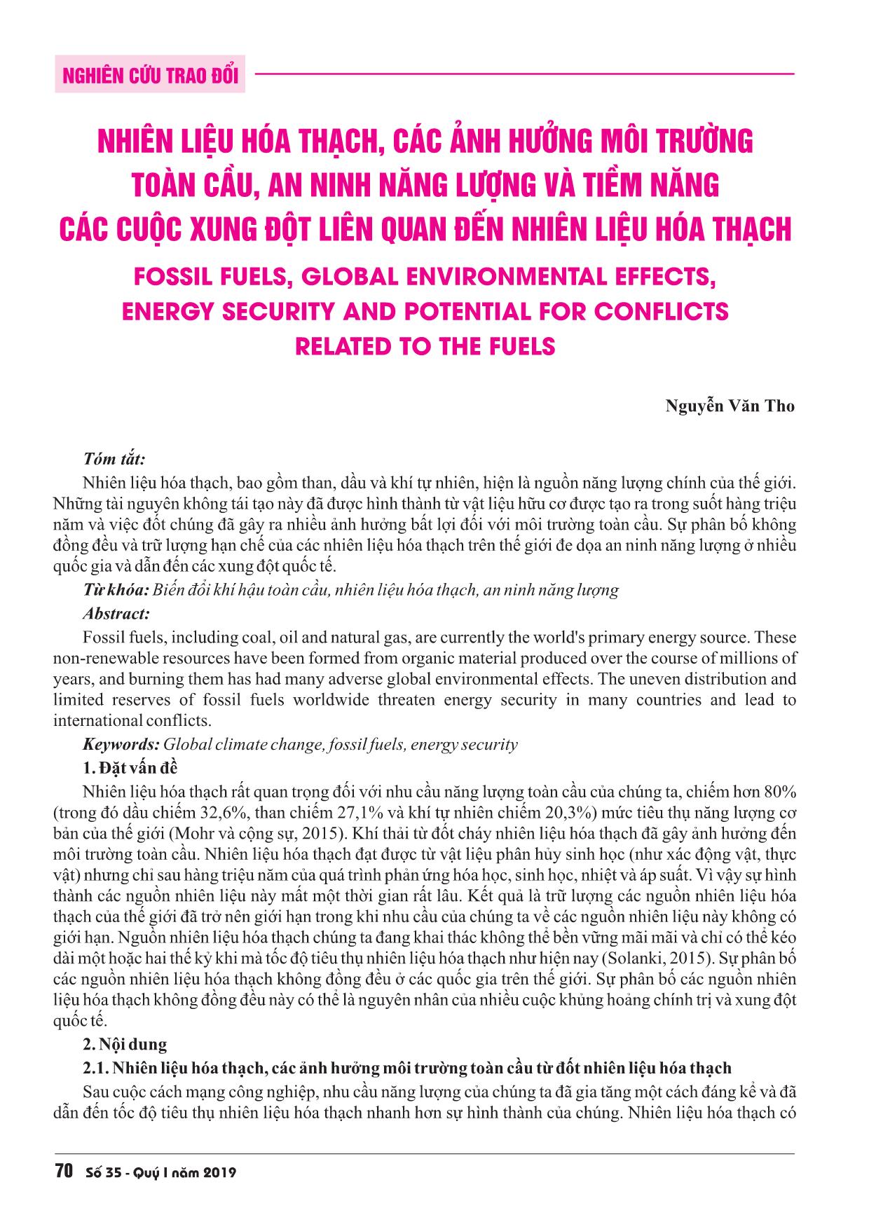 Nhiên liệu hóa thạch, các ảnh hưởng môi trường toàn cầu, an ninh năng lượng và tiềm năng các cuộc xung đột liên quan đến nhiên liệu hóa thạch trang 1