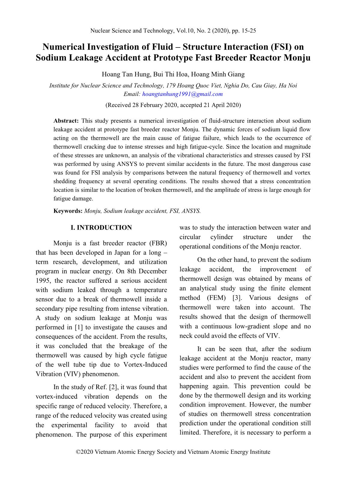 Numerical investigation of fluid – structure interaction (FSI) on sodium leakage accident at prototype fast breeder reactor monju trang 1